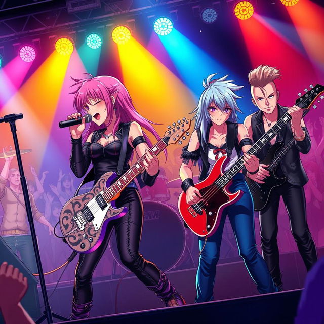 A vibrant scene featuring a sexy anime rock band performing on stage, with four stylish musicians engaging the audience