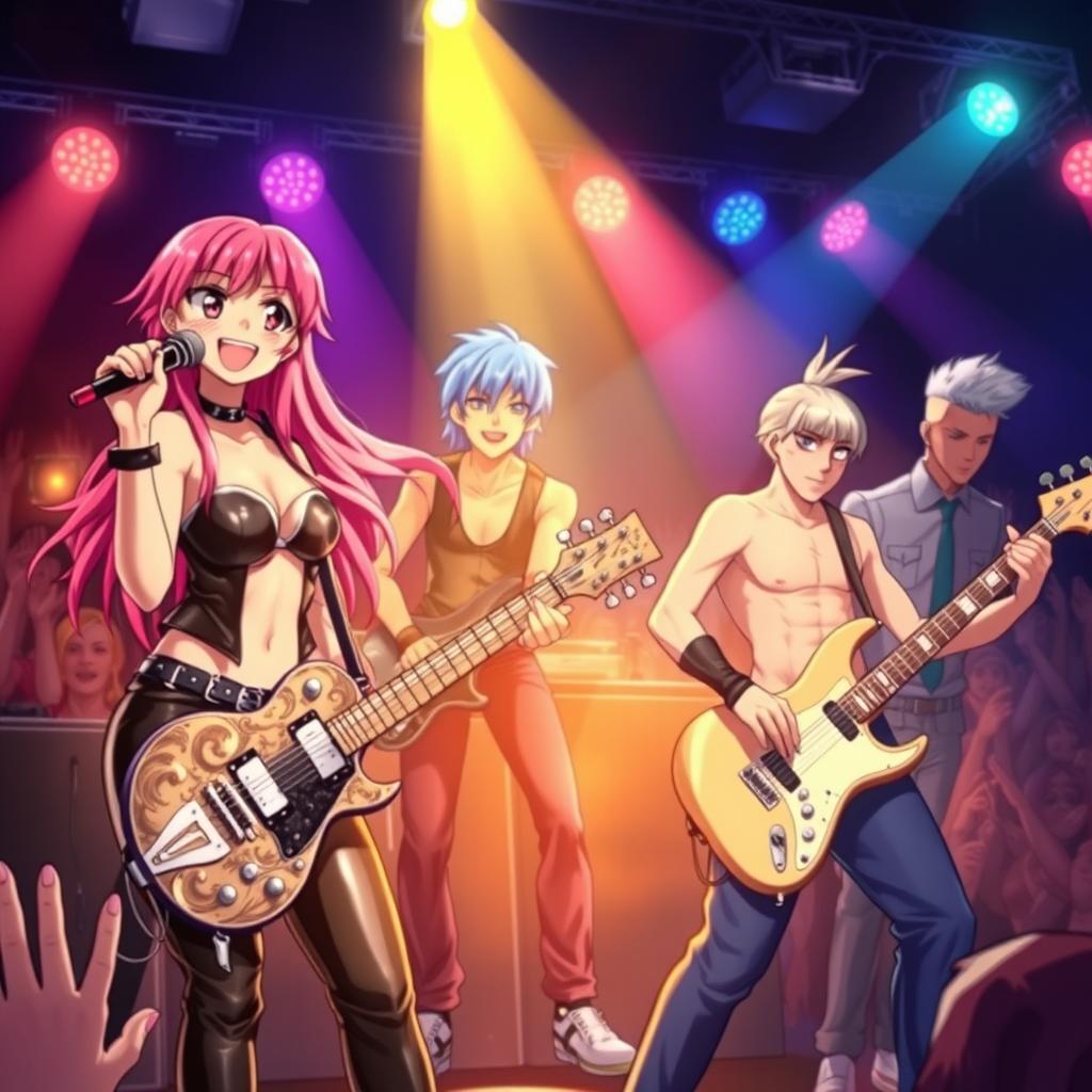 A vibrant scene featuring a sexy anime rock band performing on stage, with four stylish musicians engaging the audience