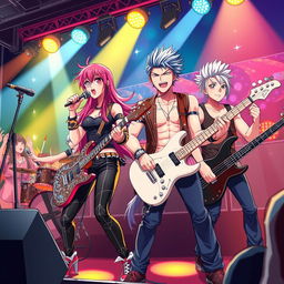 A vibrant scene featuring a sexy anime rock band performing on stage, with four stylish musicians engaging the audience