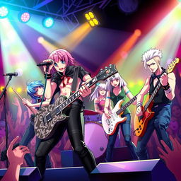A vibrant scene featuring a sexy anime rock band performing on stage, with four stylish musicians engaging the audience