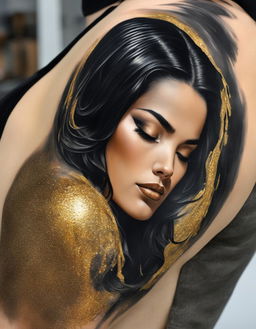 A realistic upper arm tattoo featuring a serene woman with black hair and closed eyes