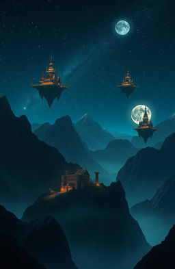 A stunning night scene depicting majestic mountains under a starry sky, with several floating citadels and ancient ruins hovering among the peaks