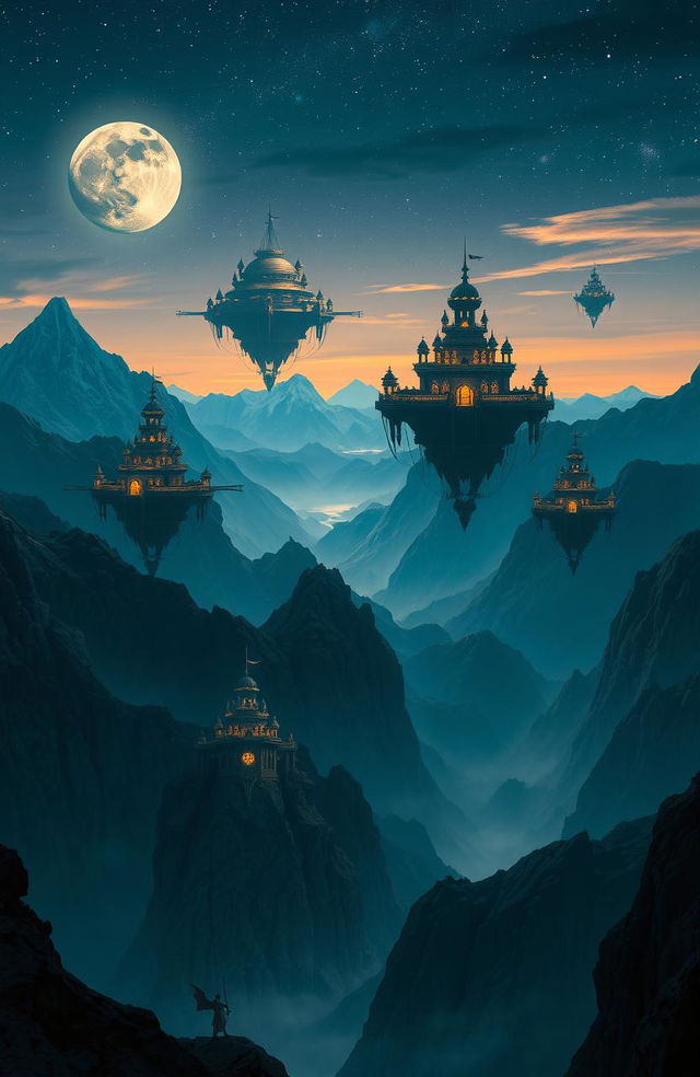 A stunning night scene depicting majestic mountains under a starry sky, with several floating citadels and ancient ruins hovering among the peaks