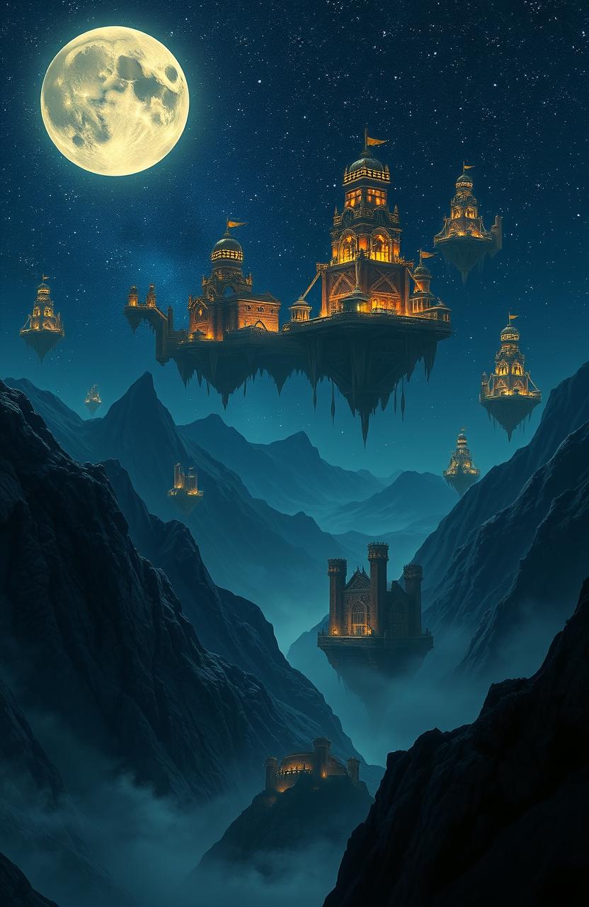 A stunning night scene depicting majestic mountains under a starry sky, with several floating citadels and ancient ruins hovering among the peaks