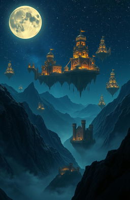 A stunning night scene depicting majestic mountains under a starry sky, with several floating citadels and ancient ruins hovering among the peaks