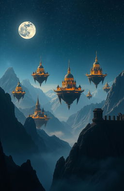 A stunning night scene depicting majestic mountains under a starry sky, with several floating citadels and ancient ruins hovering among the peaks