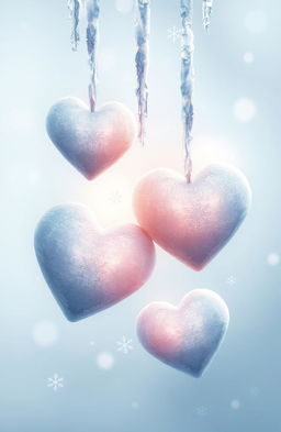 A mesmerizing digital artwork inspired by the theme "Frosted Hearts", featuring delicate hearts frosted over with intricate, glistening ice patterns