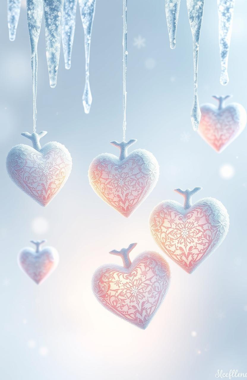 A mesmerizing digital artwork inspired by the theme "Frosted Hearts", featuring delicate hearts frosted over with intricate, glistening ice patterns