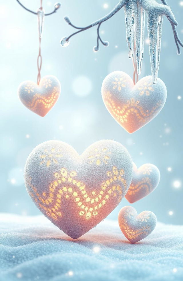 A mesmerizing digital artwork inspired by the theme "Frosted Hearts", featuring delicate hearts frosted over with intricate, glistening ice patterns