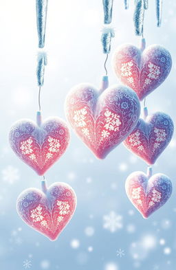 A mesmerizing digital artwork inspired by the theme "Frosted Hearts", featuring delicate hearts frosted over with intricate, glistening ice patterns