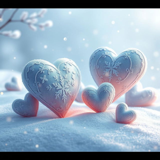 A stunning digital artwork titled "Frosted Hearts", featuring beautifully crafted hearts adorned with intricate frost patterns and a shimmering icy finish