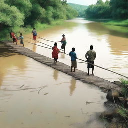 A digital art image depicting Indonesian school students using a rope as a makeshift bridge to cross a river on their way to school