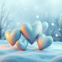 A stunning digital artwork titled "Frosted Hearts", featuring beautifully crafted hearts adorned with intricate frost patterns and a shimmering icy finish