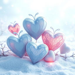 A stunning digital artwork titled "Frosted Hearts", featuring beautifully crafted hearts adorned with intricate frost patterns and a shimmering icy finish