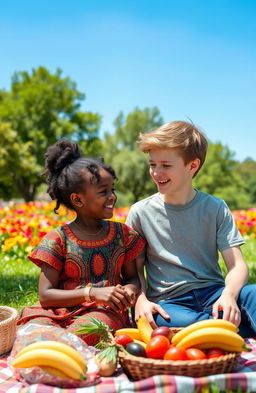 A beautiful black South African girl and a charming Russian boy, both smiling and interacting joyfully in a sunny park