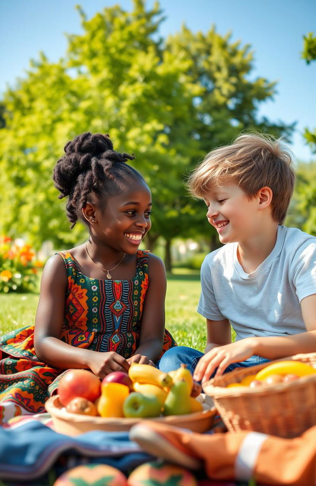 A beautiful black South African girl and a charming Russian boy, both smiling and interacting joyfully in a sunny park