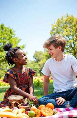 A beautiful black South African girl and a charming Russian boy, both smiling and interacting joyfully in a sunny park