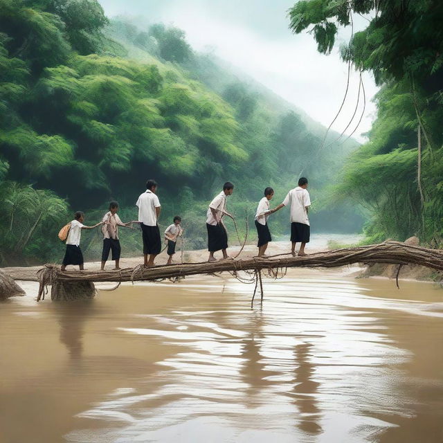 A digital art image depicting Indonesian school students using a rope as a makeshift bridge to cross a river on their way to school