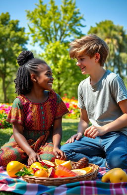 A beautiful black South African girl and a charming Russian boy, both smiling and interacting joyfully in a sunny park