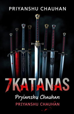 A dark and thrilling book cover design for "7 Katanas" by Priyanshu Chauhan