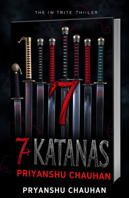 A dark and thrilling book cover design for "7 Katanas" by Priyanshu Chauhan