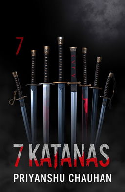 A dark and thrilling book cover design for "7 Katanas" by Priyanshu Chauhan