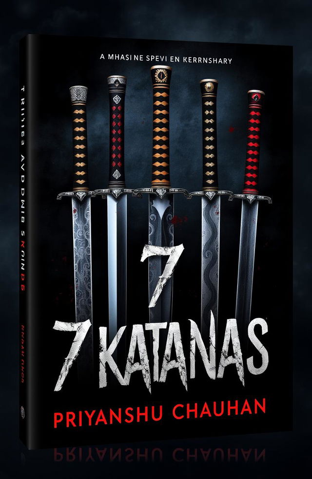 A dark and thrilling book cover design for "7 Katanas" by Priyanshu Chauhan