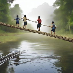 A digital art image depicting Indonesian school students using a rope as a makeshift bridge to cross a river on their way to school