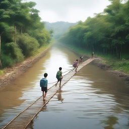 A digital art image depicting Indonesian school students using a rope as a makeshift bridge to cross a river on their way to school