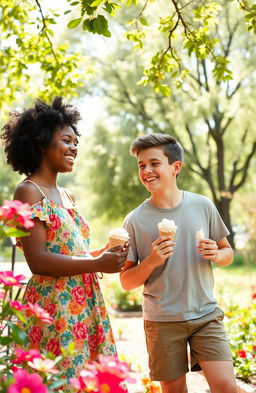 A teenage black girl and a teenage white boy sharing a joyful moment at a vibrant park, surrounded by blooming flowers and lush green trees