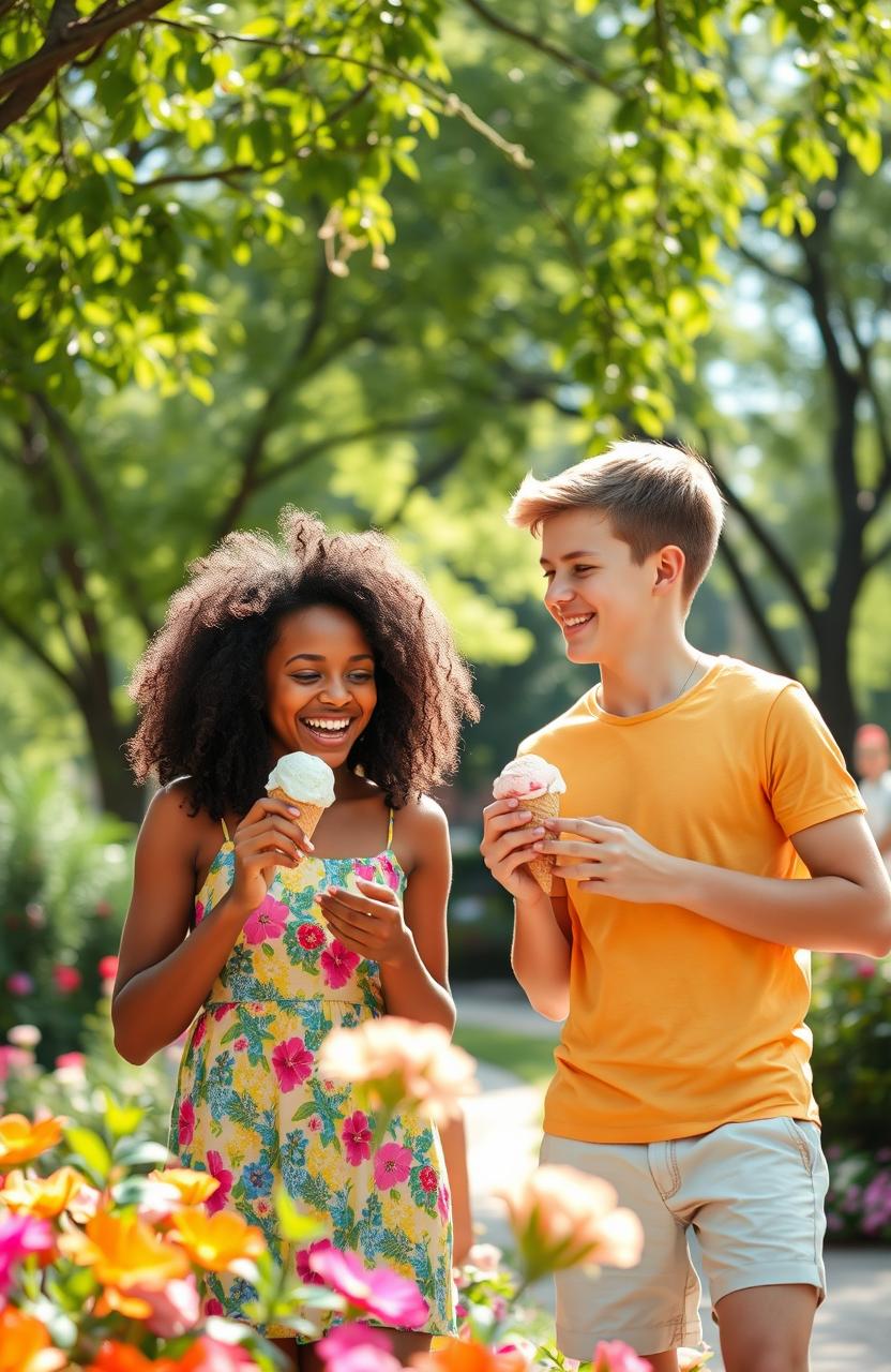 A teenage black girl and a teenage white boy sharing a joyful moment at a vibrant park, surrounded by blooming flowers and lush green trees