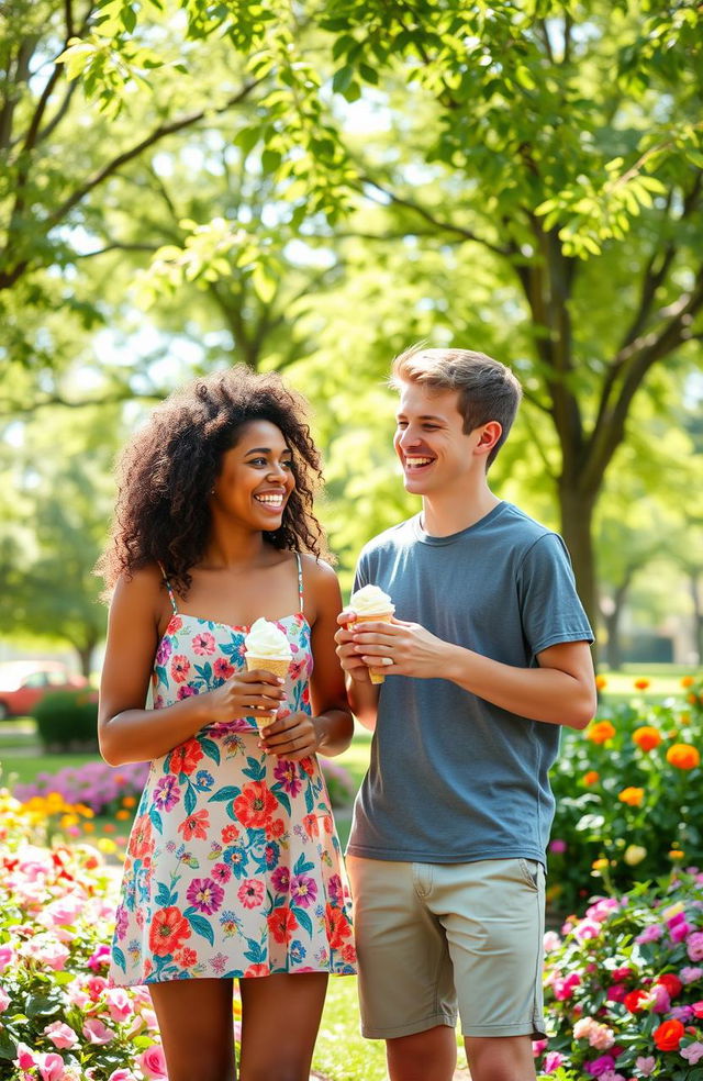 A teenage black girl and a teenage white boy sharing a joyful moment at a vibrant park, surrounded by blooming flowers and lush green trees