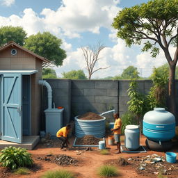 A hyper-realistic digital art piece with no background, depicting a community effectively managing human waste