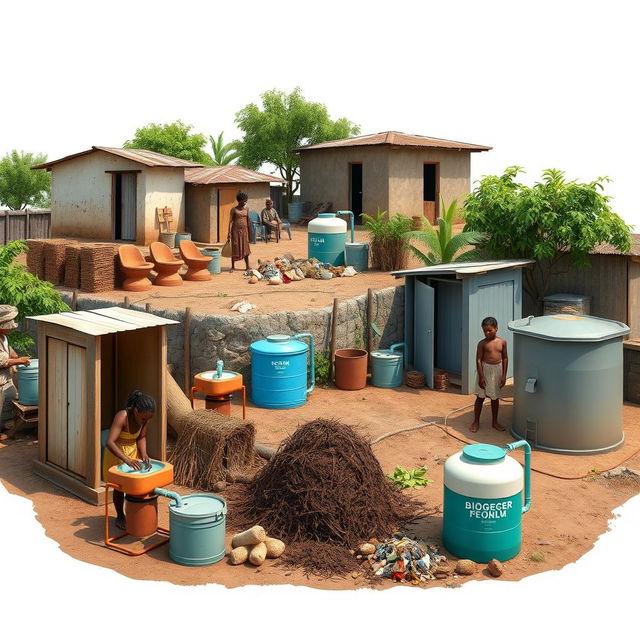 A hyper-realistic digital art piece with no background, depicting a community effectively managing human waste