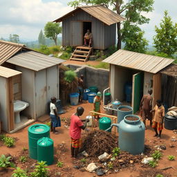 A hyper-realistic digital art piece with no background, depicting a community effectively managing human waste