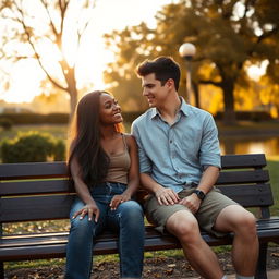 An 18-year-old black girl and a 19-year-old white boy sitting together on a park bench during the golden hour, with the soft sunlight casting a warm glow around them