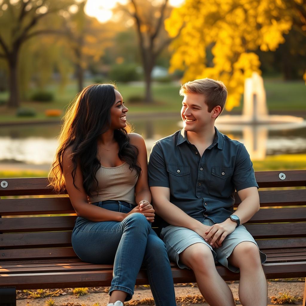 An 18-year-old black girl and a 19-year-old white boy sitting together on a park bench during the golden hour, with the soft sunlight casting a warm glow around them