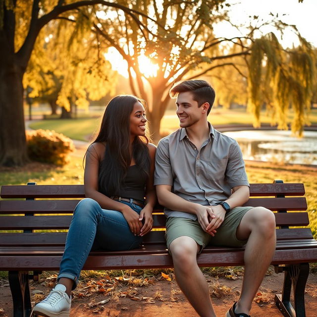 An 18-year-old black girl and a 19-year-old white boy sitting together on a park bench during the golden hour, with the soft sunlight casting a warm glow around them