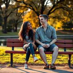 An 18-year-old black girl and a 19-year-old white boy sitting together on a park bench during the golden hour, with the soft sunlight casting a warm glow around them