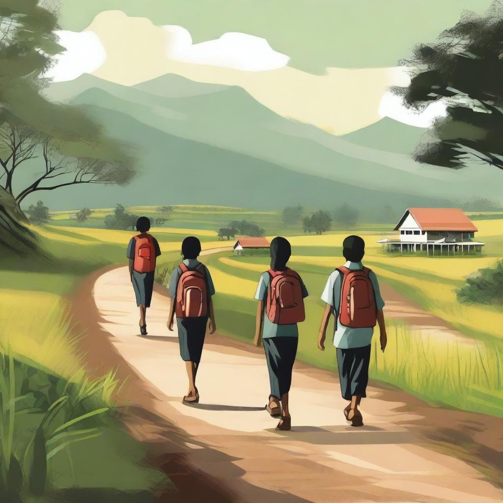 A digital art image depicting Indonesian school students walking to school through a rural landscape