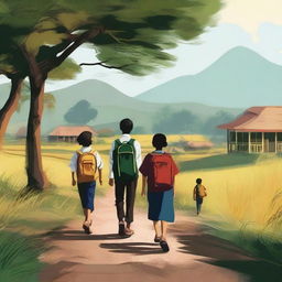 A digital art image depicting Indonesian school students walking to school through a rural landscape