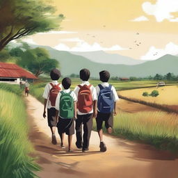 A digital art image depicting Indonesian school students walking to school through a rural landscape