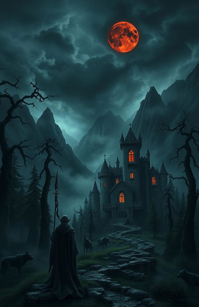 A dark fantasy landscape with towering, gnarled trees shrouded in swirling mists, craggy mountains loom in the background under a stormy sky filled with dark clouds