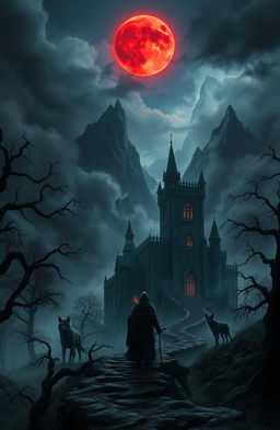 A dark fantasy landscape with towering, gnarled trees shrouded in swirling mists, craggy mountains loom in the background under a stormy sky filled with dark clouds