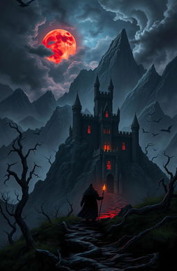 A dark fantasy landscape with towering, gnarled trees shrouded in swirling mists, craggy mountains loom in the background under a stormy sky filled with dark clouds