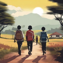 A digital art image depicting Indonesian school students walking to school through a rural landscape