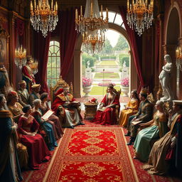 A regal scene depicting a majestic royal court set in an opulent palace