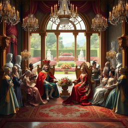 A regal scene depicting a majestic royal court set in an opulent palace