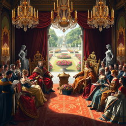 A regal scene depicting a majestic royal court set in an opulent palace