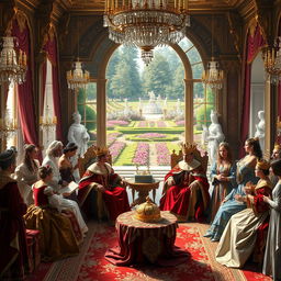 A regal scene depicting a majestic royal court set in an opulent palace